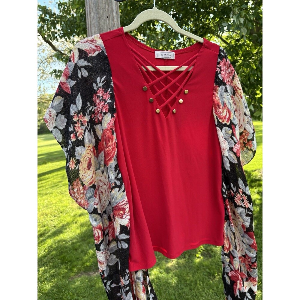 Cottagecore Boho Red Floral Kimono  Sleeve Top Upcycled Size Small To Medium